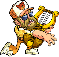 Yellow Big Rig Bodvar using the Lyre Solo Emote.